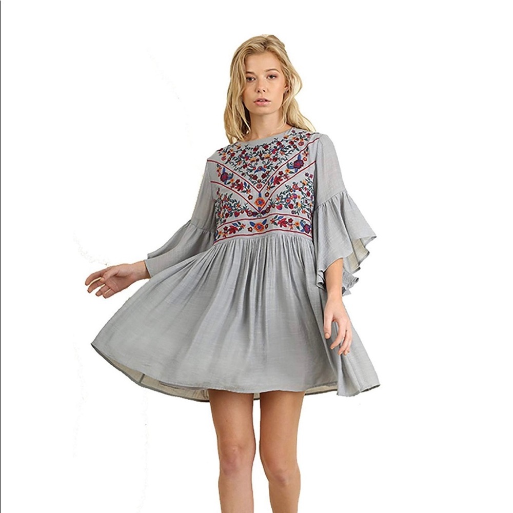 Bohemian dress grey tunic bell sleeve Cotton L